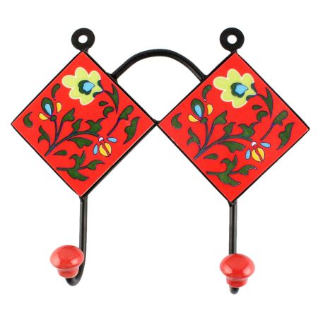 Red With Forest Green Leaf Flower Ceramic Tile Hook